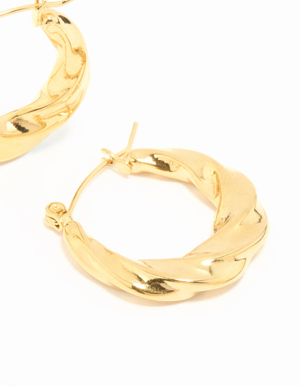 Waterproof Gold Plated Stainless Steel Twisted Medium Hoop Earrings