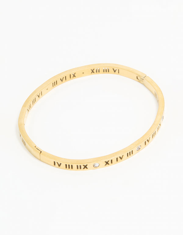 Waterproof Gold Plated Stainless Steel Diamante Roman Numeral Hinge Bangle