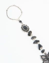 Antique Silver Black Stone & Butterfly Hand Chain - link has visual effect only