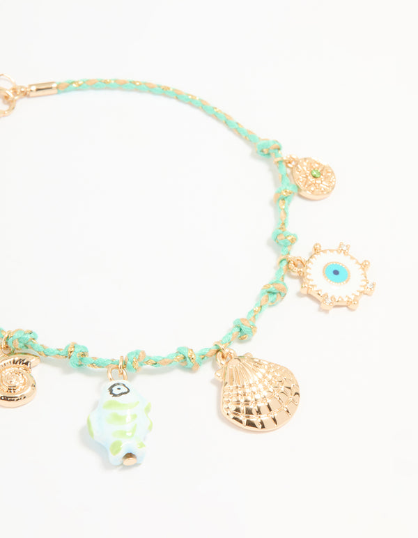 Gold Blue Rope Shell Charm & Chain Anklets 2-Pack
