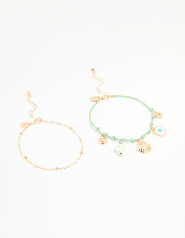 Gold Blue Rope Shell Charm & Chain Anklets 2-Pack