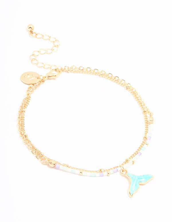 Gold Beaded Whale Tail & Fine Chain Layered Anklet
