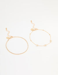 Gold Pearl Flower & Diamante Tennis Anklets 2-Pack - link has visual effect only