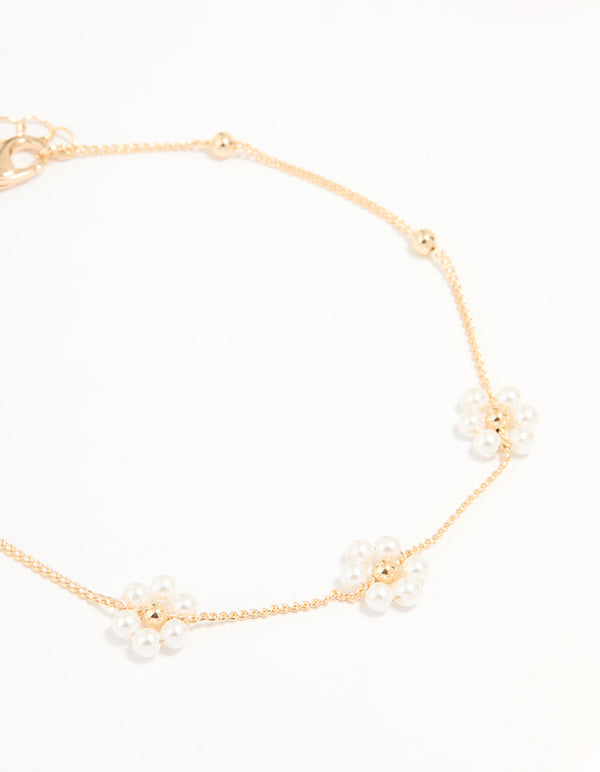 Gold Pearl Flower & Diamante Tennis Anklets 2-Pack