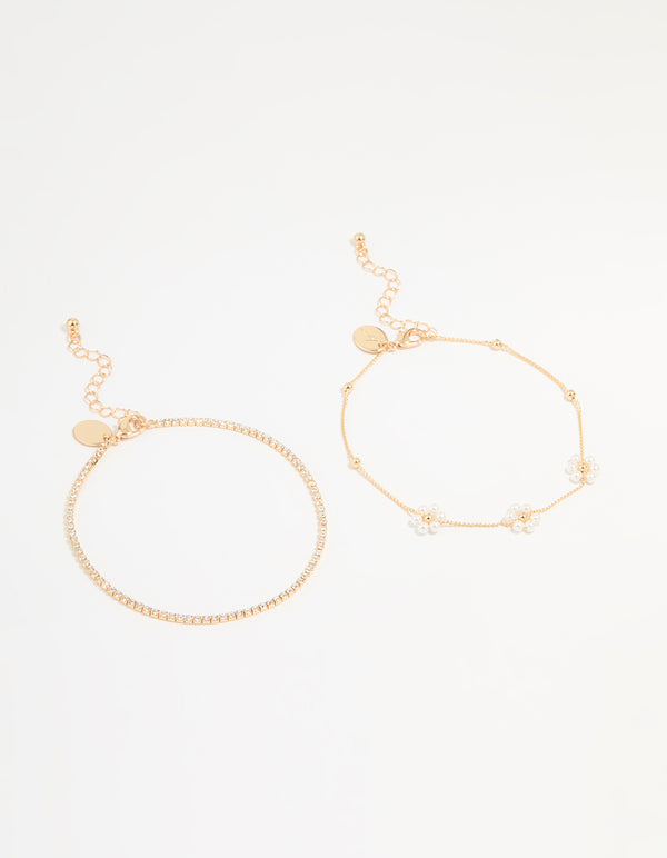 Gold Pearl Flower & Diamante Tennis Anklets 2-Pack