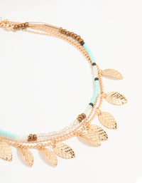 Antique Gold Blue Beaded & Leaf Layered Anklet - link has visual effect only