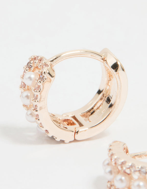 Rose Gold Plated Cubic Zirconia Pearl Hoop Earrings