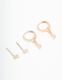 Rose Gold Plated Cubic Zirconia Stud & Huggie Drop Earrings Pack - link has visual effect only