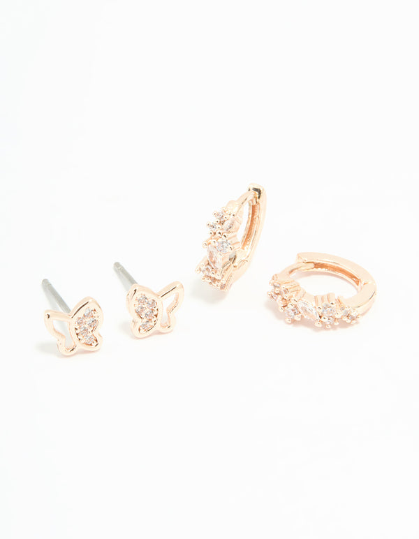 Rose Gold Plated Cubic Zirconia Butterfly Stud & Huggie Earrings 2-Pack