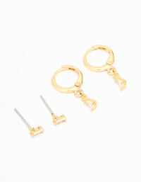 Gold Plated Cubic Zirconia Stud & Huggie Drop Earrings 2-Pack - link has visual effect only