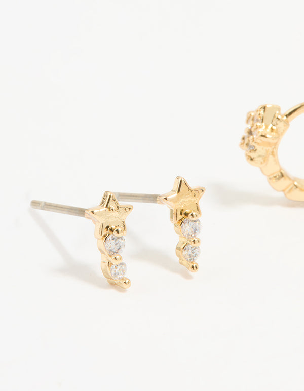 Gold Plated Cubic Zirconia Star Stud & Huggie Earrings 2-Pack