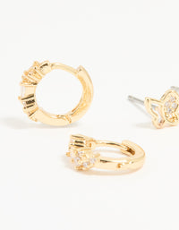 Gold Plated Cubic Zirconia Butterfly Huggie & Stud Earrings 2-Pack - link has visual effect only