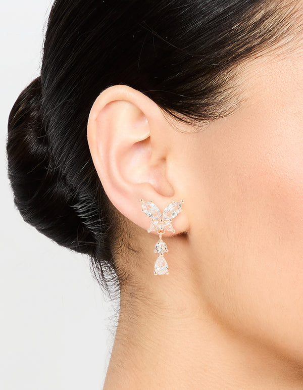 Rose Gold Plated Cubic Zirconia Butterfly Teardrop Stud Earrings