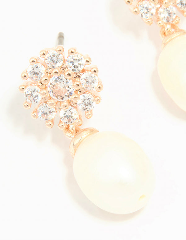 Rose Gold Plated Cubic Zirconia Flower & Pearl Drop Earrings