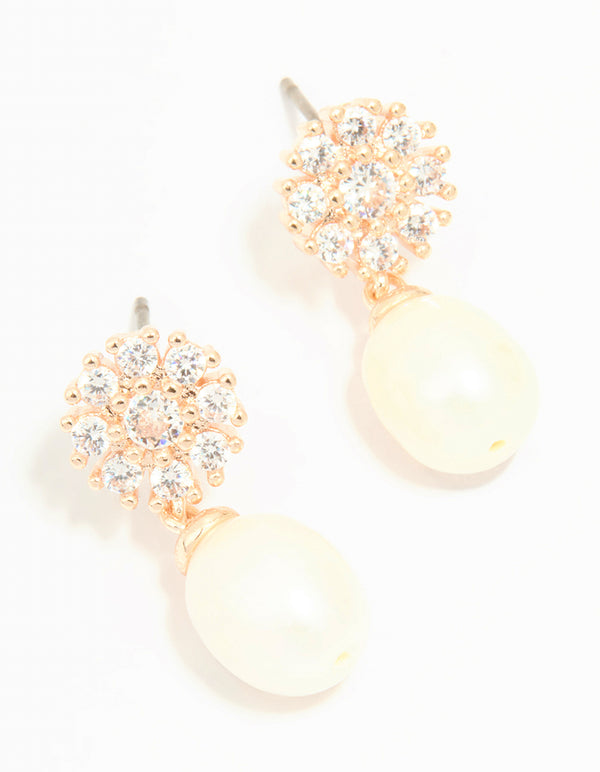 Rose Gold Plated Cubic Zirconia Flower & Pearl Drop Earrings