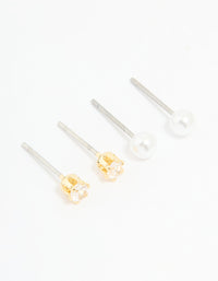 Rose Gold Plated Cubic Zirconia Pearl & Classic Stud Earrings 2-Pack - link has visual effect only