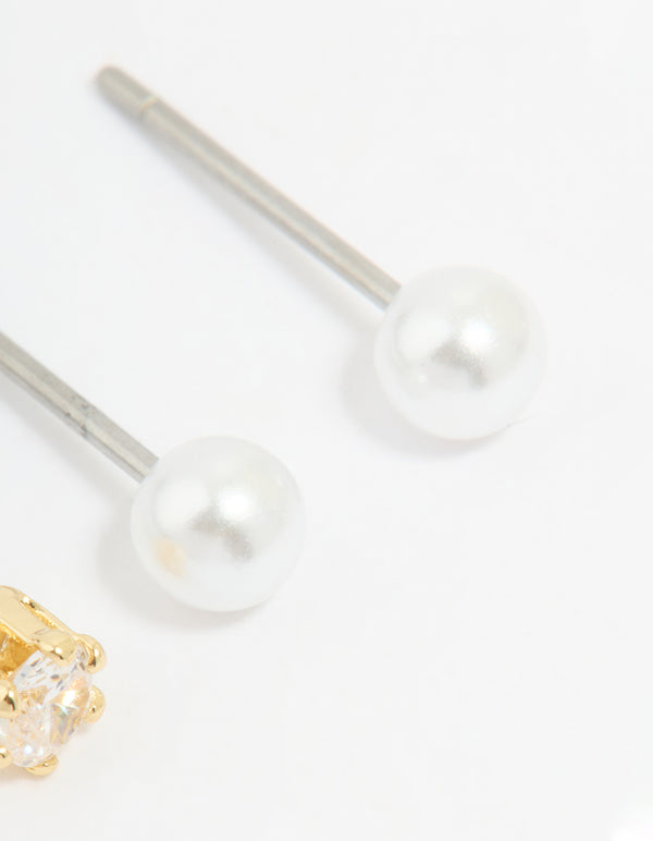 Rose Gold Plated Cubic Zirconia Pearl & Classic Stud Earrings 2-Pack