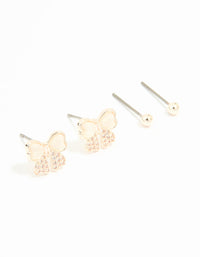 Rose Gold Plated Cubic Zirconia Bow & Plain Stud Earrings 2-Pack - link has visual effect only