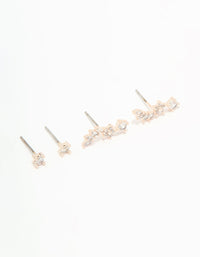 Rose Gold Plated Cubic Zirconia Flower Swirl Stud Earrings 3-Pack - link has visual effect only
