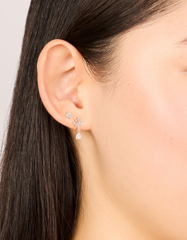 Rose Gold Plated Cubic Zirconia Flower & Classic Stud Earrings 2-Pack