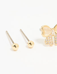 Gold Plated Cubic Zirconia Bow & Plain Stud Earrings 2-Pack - link has visual effect only