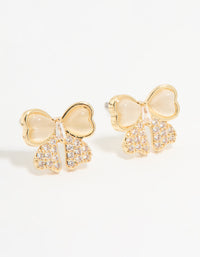 Gold Plated Cubic Zirconia Bow & Plain Stud Earrings 2-Pack - link has visual effect only