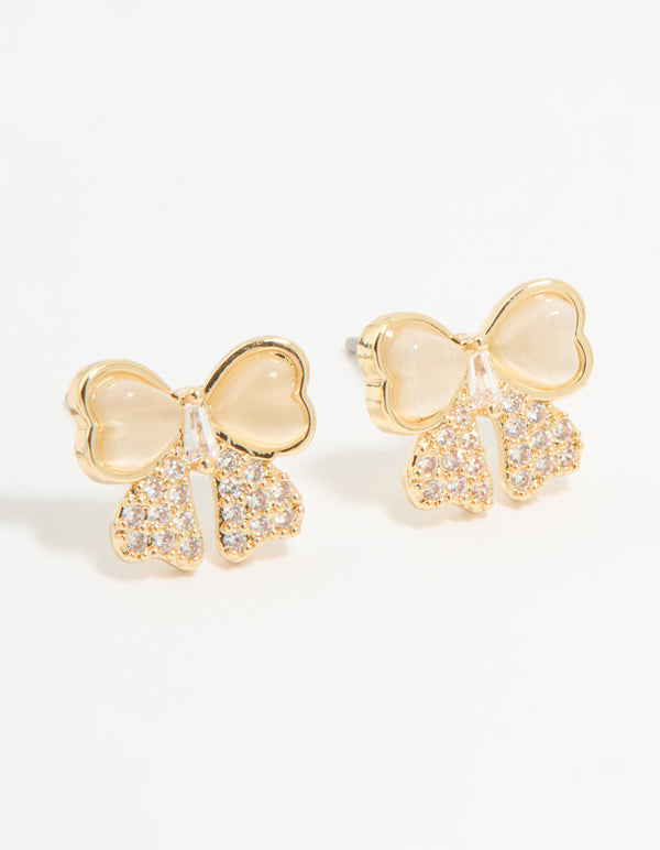 Gold Plated Cubic Zirconia Bow & Plain Stud Earrings 2-Pack