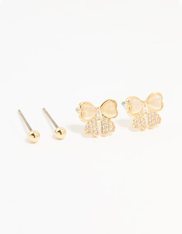Gold Plated Cubic Zirconia Bow & Plain Stud Earrings 2-Pack