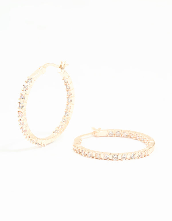 Rose Gold Plated Cubic Zirconia Large Skinny Hoop Earrings