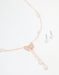 Rose Gold Plated Cubic Zirconia Butterfly & Pearl Necklace & Earrings Set - link has visual effect only