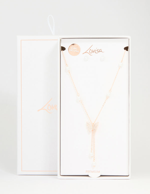 Rose Gold Plated Cubic Zirconia Butterfly & Pearl Necklace & Earrings Set