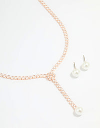 Rose Gold Plated Pearl & Cubic Zirconia Flower Y-Necklace & Earrings Set - link has visual effect only