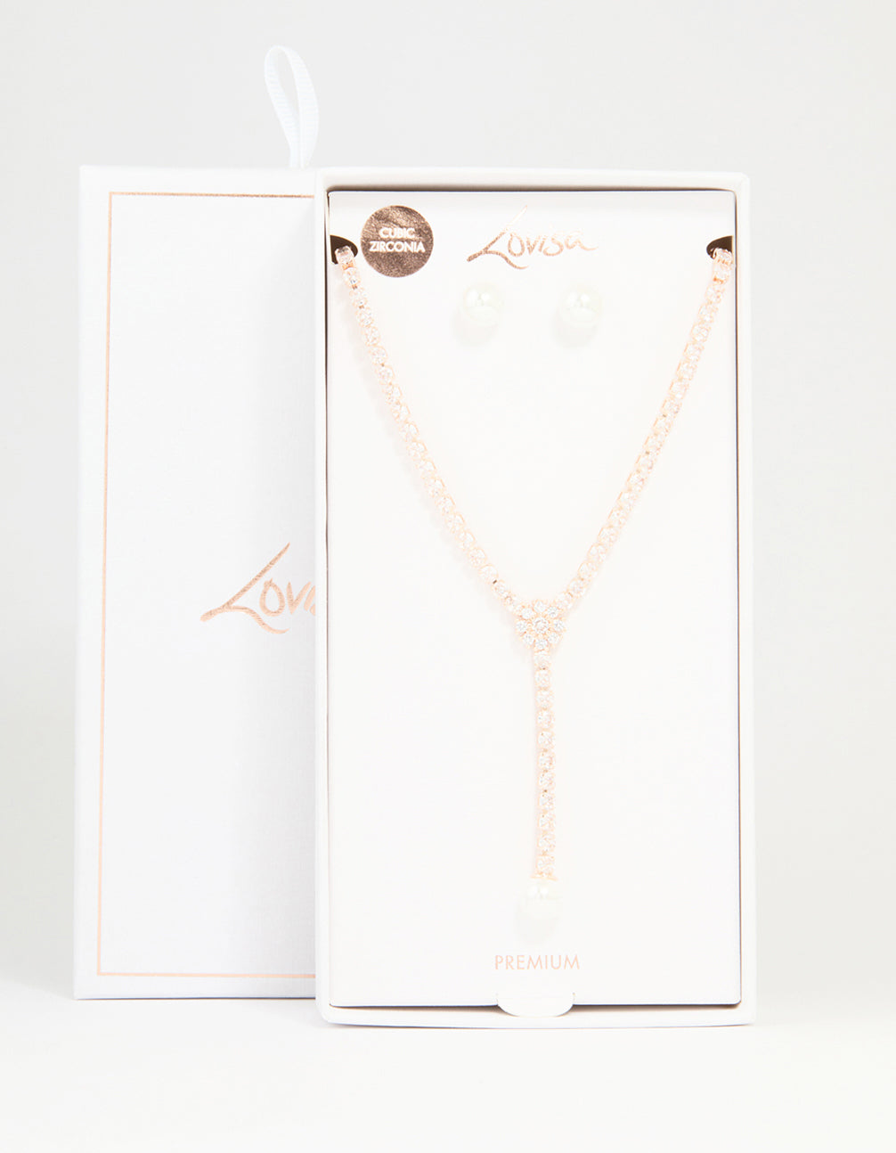 Rose Gold Plated Pearl & Cubic Zirconia Flower Y-Necklace & Earrings Set