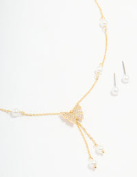 Gold Plated Cubic Zirconia Butterfly Pearl Necklace & Earrings Set - link has visual effect only