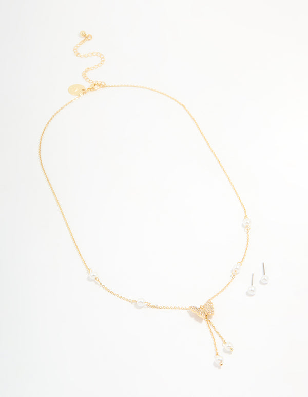 Gold Plated Cubic Zirconia Butterfly Pearl Necklace & Earrings Set