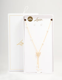 Gold Plated Cubic Zirconia Butterfly Pearl Necklace & Earrings Set - link has visual effect only
