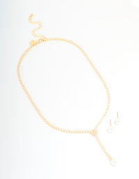 Gold Plated Pearl Flower Cubic Zirconia Y-Necklace & Earrings Set - link has visual effect only