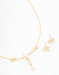Gold Plated Cubic Zirconia Flower Drop Necklace & Earrings Set - link has visual effect only