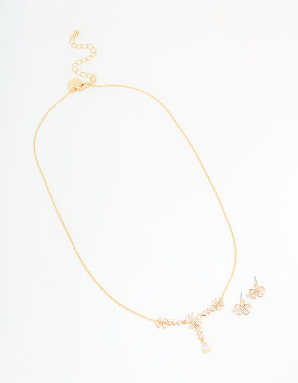 Gold Plated Cubic Zirconia Flower Drop Necklace & Earrings Set