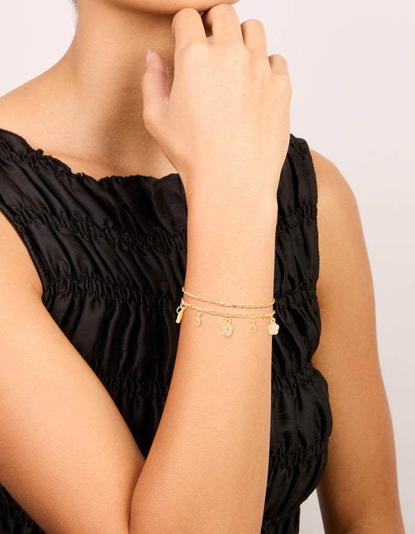 Gold Plated Chain & Mini Flower Charm Bracelets 2-Pack