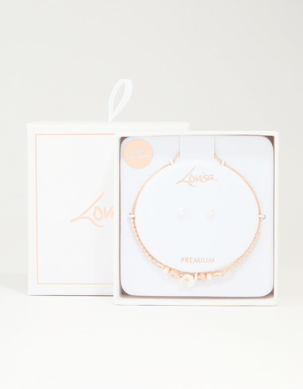 Rose Gold Plated Cubic Zirconia Acrylic Flower Toggle Bracelet & Earrings Set