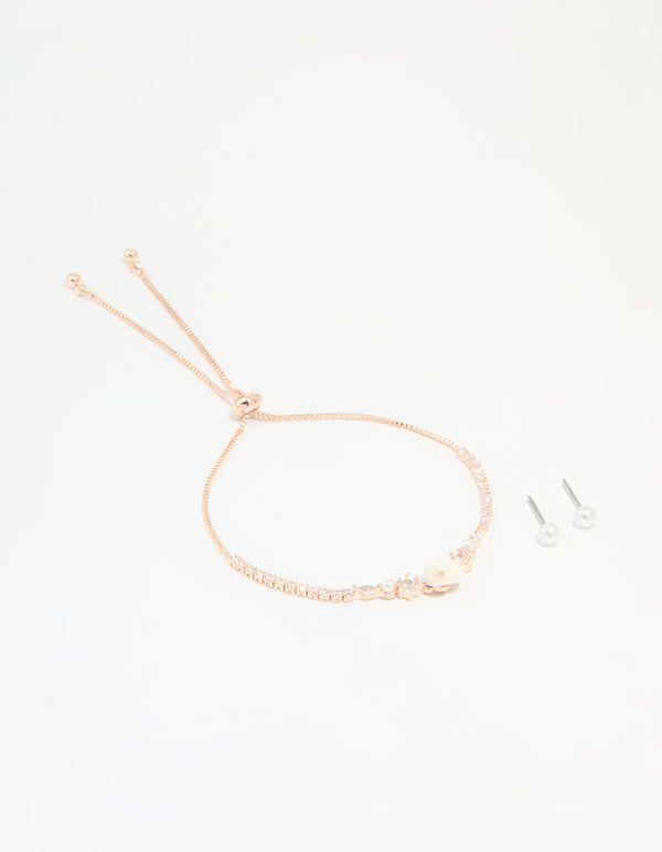Rose Gold Plated Cubic Zirconia Acrylic Flower Toggle Bracelet & Earrings Set