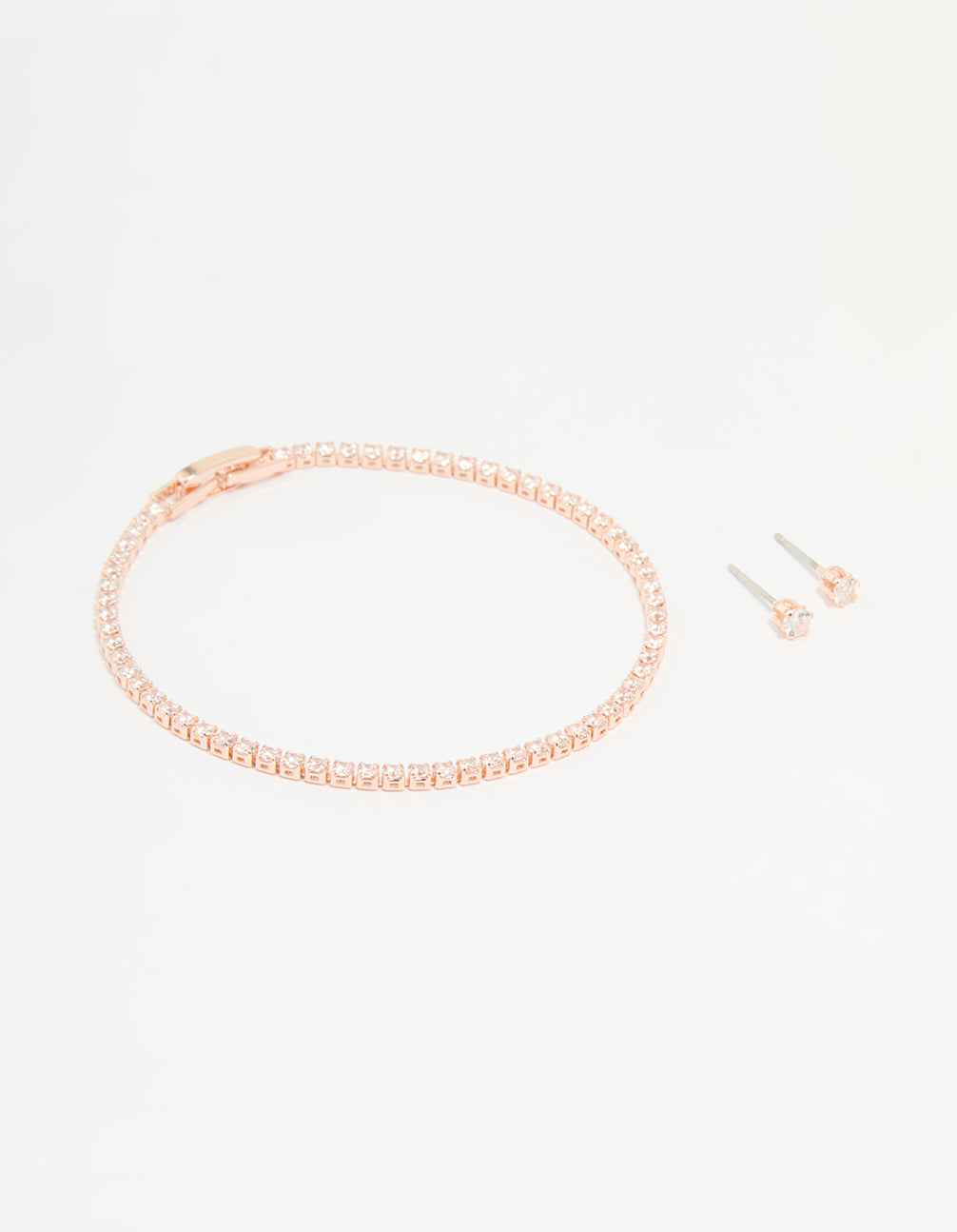 Rose Gold Plated Cubic Zirconia Small Baguette Tennis Bracelet & Earrings Set