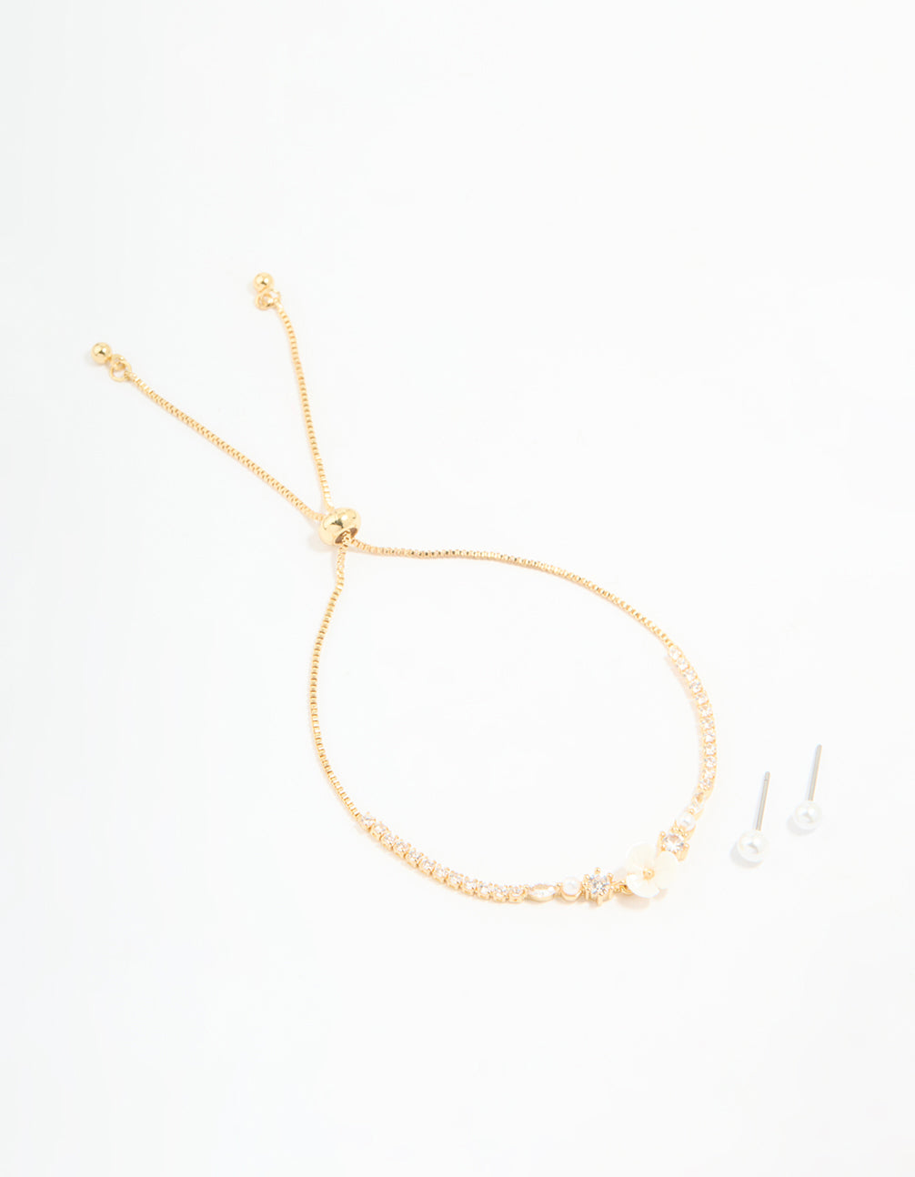 Gold Plated Cubic Zirconia Acrylic Flower Toggle Bracelet & Earrings Set