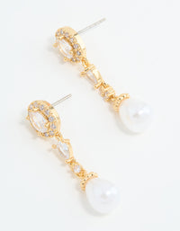 Gold Plated Cubic Zirconia Halo Pearl Drop Earrings - link has visual effect only
