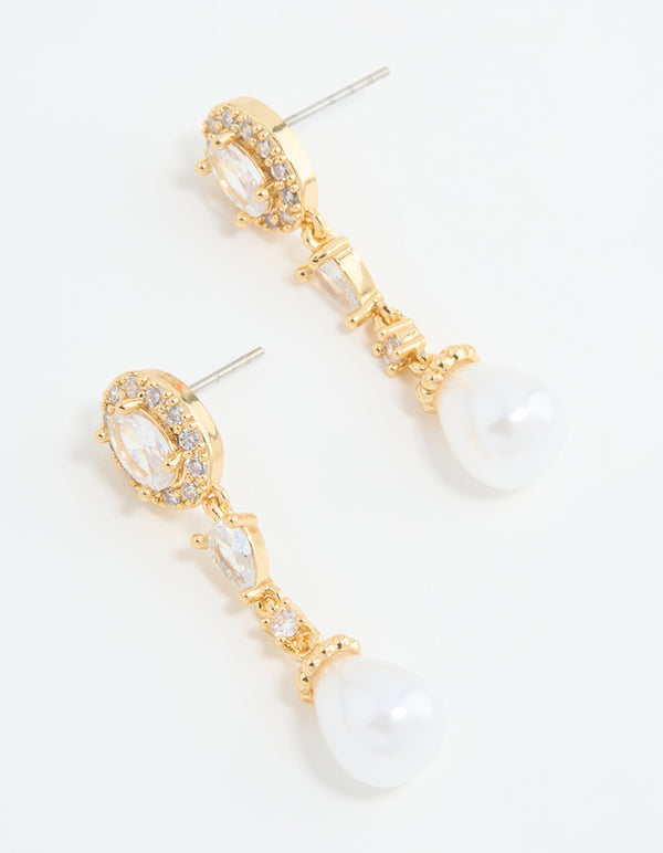 Gold Plated Cubic Zirconia Halo Pearl Drop Earrings