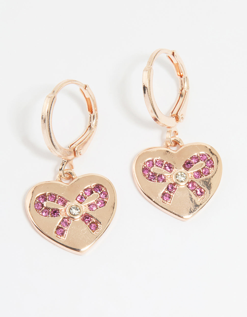 Rose Gold Heart Diamante Bow Huggie Earrings