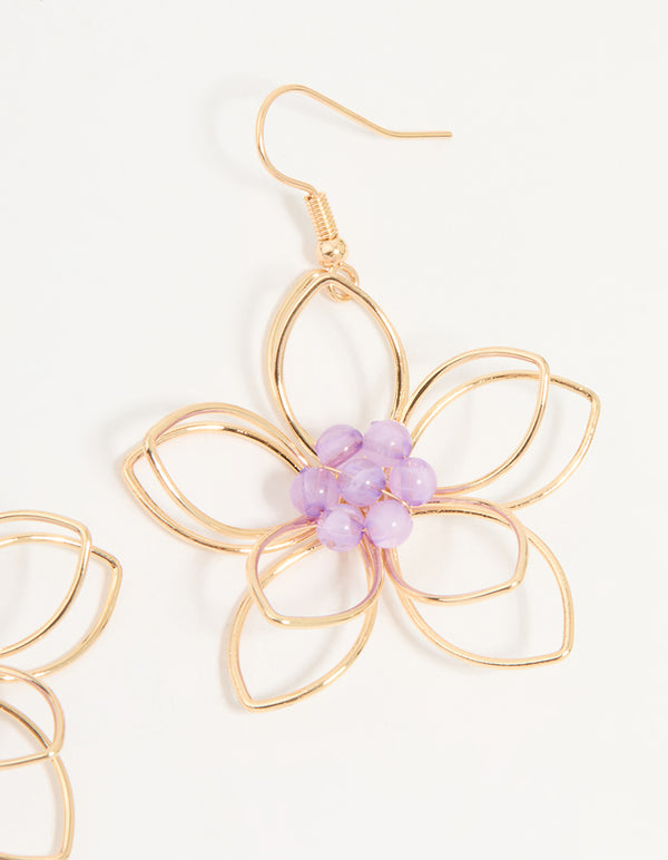 Rose Gold Purple Beaded 3D Flower Drop Earrings