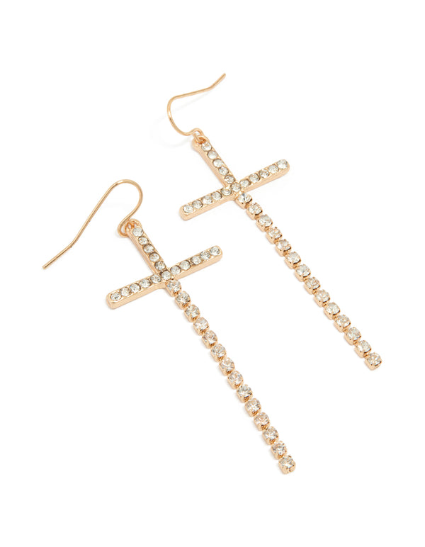 Gold Diamante Drop Cross Earrings