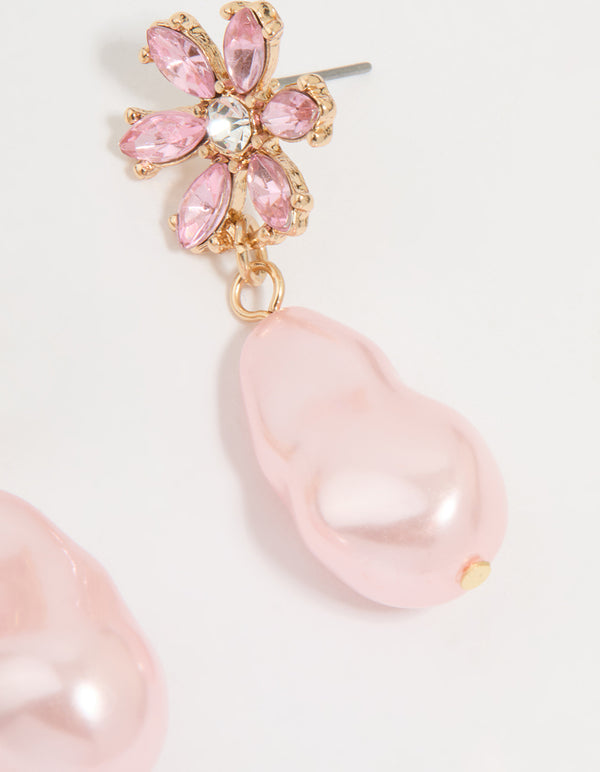 Gold Diamante & Pink Pearl Flower Drop Earrings